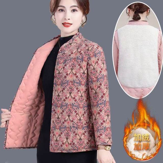 Mom's new winter thickened cotton coat and jacket, loose and warm camel hair cotton coat for middle-aged and elderly people, plus velvet floral jacket