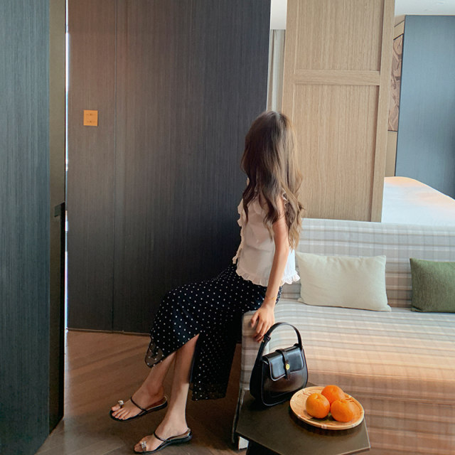 BIGYU double split mid -long long gauze skirt in summer new temperament high waist, thin waist thin, wild straight skirt
