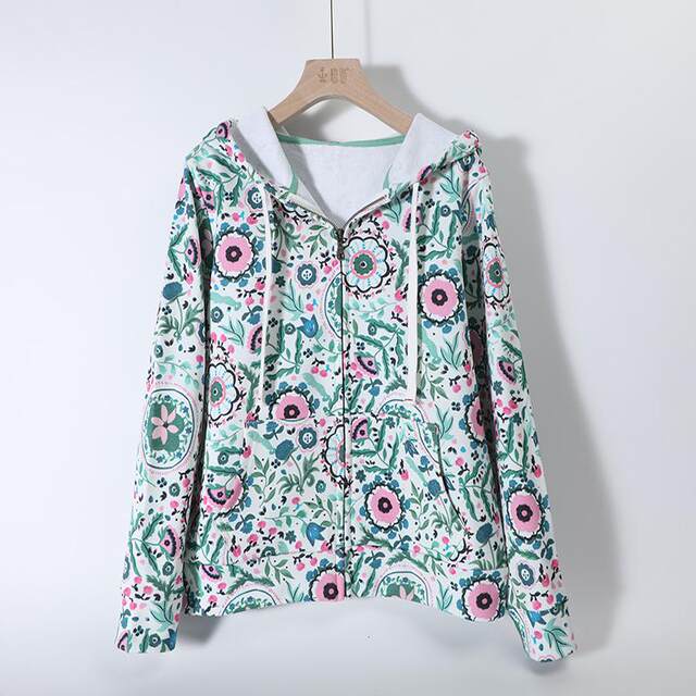 Pure cotton thick soft knitted print hooded zipper sweatshirt for women long-sleeved cardigan floral jacket large size spring and autumn