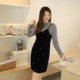 DM100 plus size 100% women's clothing for slightly chubby mm winter fake two-piece waist long and short velvet dress