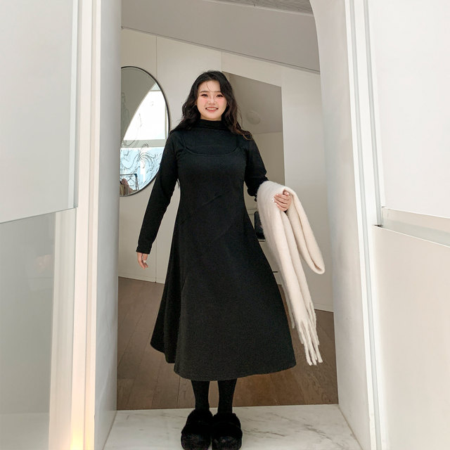 DM100 large size, 100 % slightly fat MM women's winter slim down skirt, fake two semi -high -necked dress