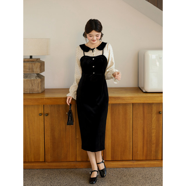 
DM100 plus size 100% women's slightly fat mm winter gentle fake two-piece waist polka-dot velvet dress