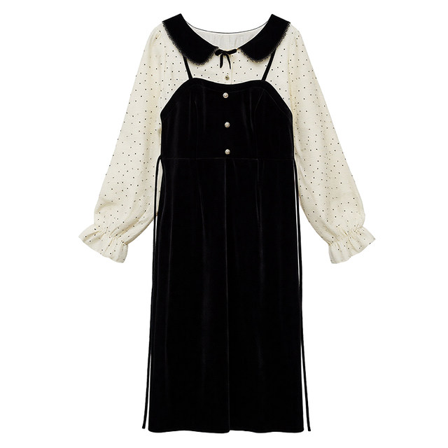 
DM100 plus size 100% women's slightly fat mm winter gentle fake two-piece waist polka-dot velvet dress