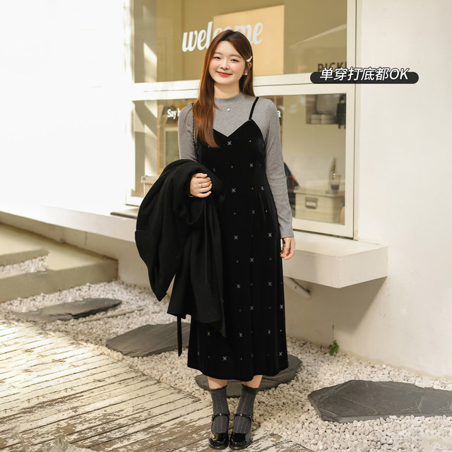 DM100 plus size 100% women's clothing for slightly chubby mm winter fake two-piece waist long and short velvet dress