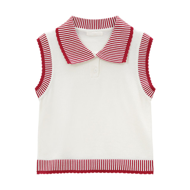 Sweet red striped polo collar sweater female summer design sense niche thin sleeveless slim short top