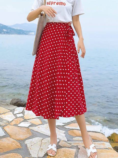 Polka dot skirt mid-length summer women's chiffon one-piece lace-up high-waist wrap skirt irregular fishtail skirt skirt