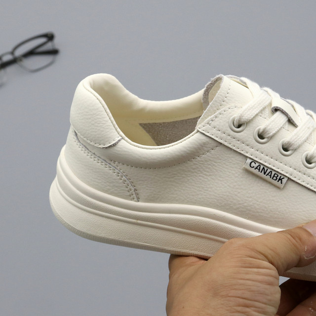 Genuine leather white shoes women's single shoes 2025 autumn minimalist doll head cowhide lace-up flat casual shoes women's board shoes