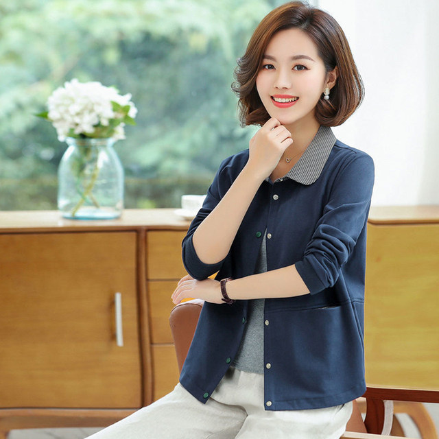 Spring and Autumn Small Thin Jacket Women's Polo Collar Mother's Clothes Middle-aged and Elderly High-end Tender Button Long Sleeve Top
