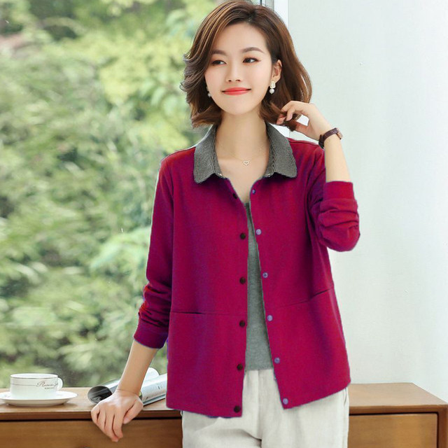 Spring and Autumn Small Thin Jacket Women's Polo Collar Mother's Clothes Middle-aged and Elderly High-end Tender Button Long Sleeve Top
