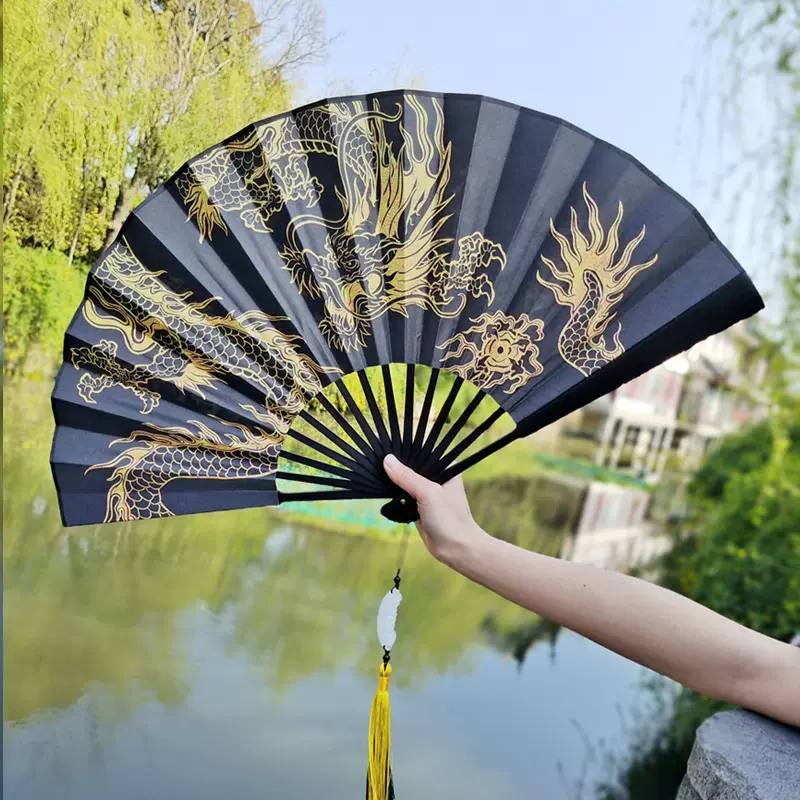 大扇子古风折扇男生霸气中国风复古全竹绢布古装汉服黑色龙图扇 Taobao