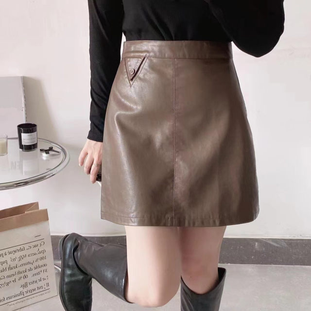 2023 Autumn New Products Korean Desle Washing PU Leather High waist A -line skirt Anti -light short skirt Fast and thin