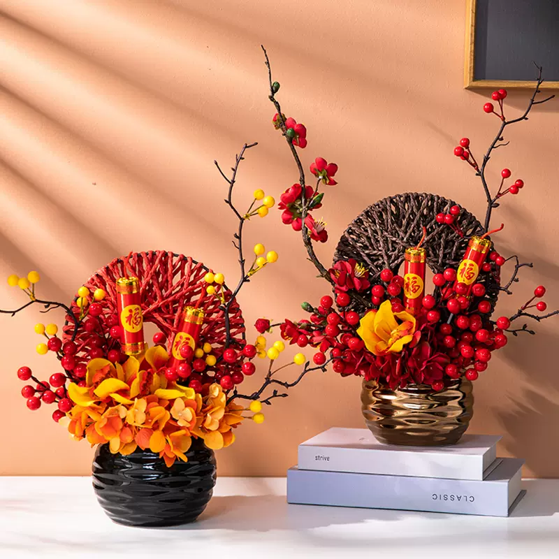新年圣诞红色仿真花成品花艺摆件假花盆栽装饰浆果发财果桌