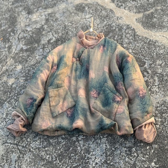 4386 Soft and waxy ramie printed loose cotton coat Traditional hand-sewn buttoned slant-breasted cotton coat