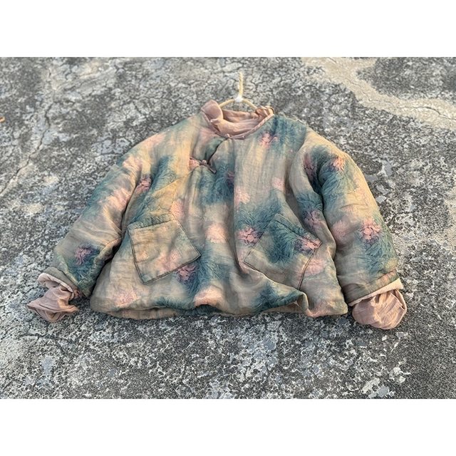 4386 Soft and waxy ramie printed loose cotton coat Traditional hand-sewn buttoned slant-breasted cotton coat