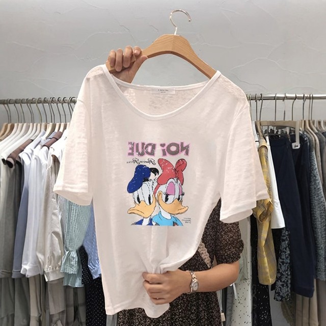 Bamboo joint cotton short-sleeved V-neck T-shirt for women 2025 summer new Korean loose cotton cartoon printed white top