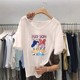 Bamboo joint cotton short-sleeved V-neck T-shirt for women 2025 summer new Korean loose cotton cartoon printed white top