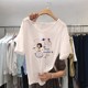 Bamboo joint cotton short-sleeved V-neck T-shirt for women 2025 summer new Korean loose cotton cartoon printed white top