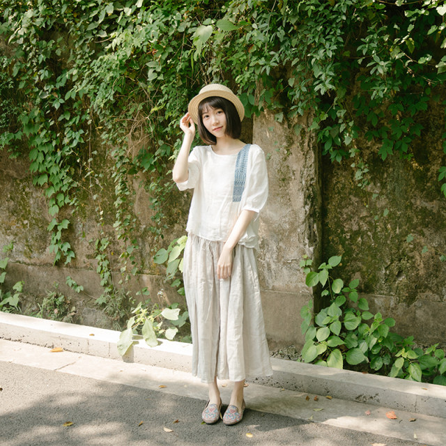 Ink plum spring, summer and autumn ramie white elastic strap flowing playful skirt literary and versatile large pose casual skirt for women