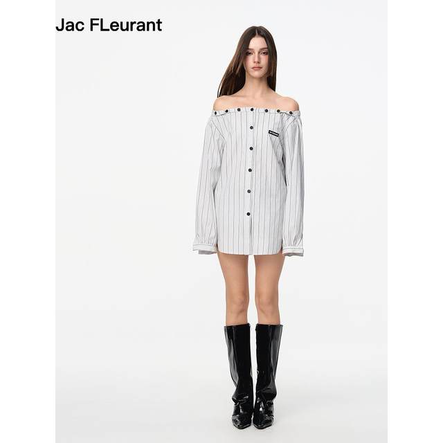 JAC FLEURANT2025 Spring and Summer New Style Shirt Women's Long Sleeve Striped Loose White One-Shoulder Waist Shirt
