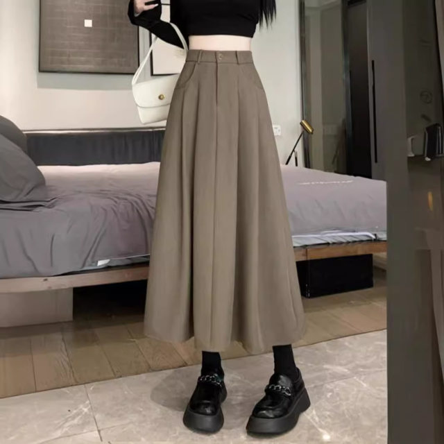 Rice white suit fabric skirt women's summer versatile leisure A -line skirt high waist slimming middle long skirt
