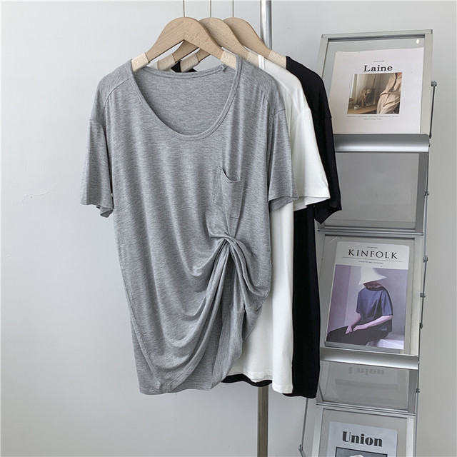 Modal pocket round neck short-sleeved T-shirt for women raglan sleeves design loose solid color dance training suit training suit T-shirt
