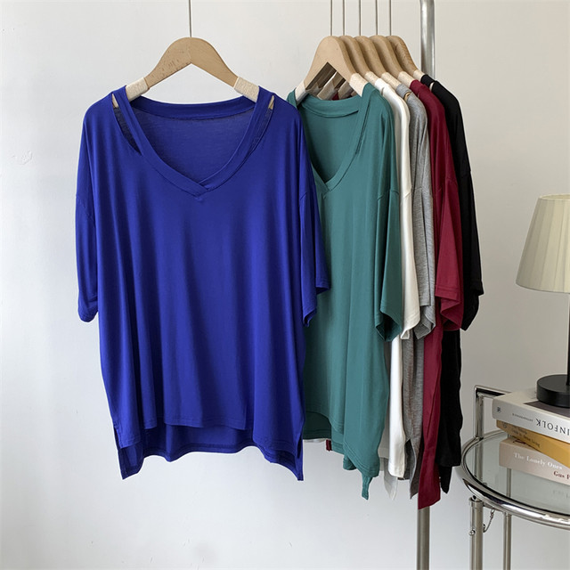 Modal bat-sleeved short-sleeved T-shirt on both sides for women loose lazy style large size home top drooping T-shirt for women
