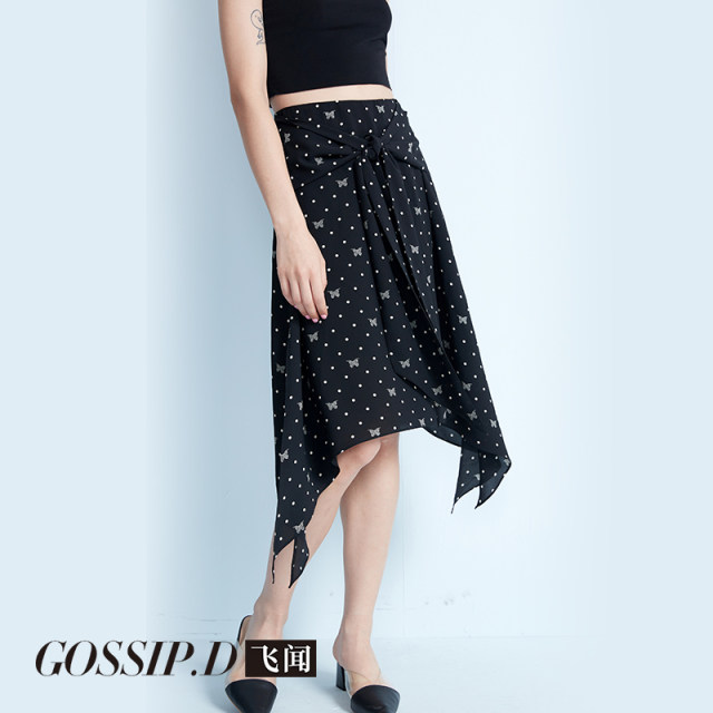 New spring and summer irregular printed chiffon skirt with belt for women mid-length design versatile slim skirt