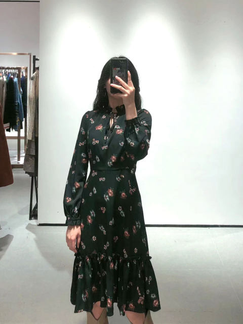 Monsoon lady straps, small turtleneck, ruffled skirt, hem, waist-hugging, slim print dress for women 8893LA102