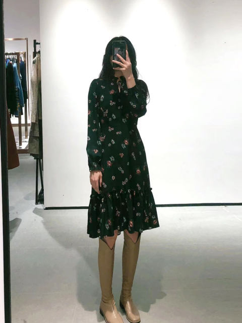 Monsoon lady straps, small turtleneck, ruffled skirt, hem, waist-hugging, slim print dress for women 8893LA102