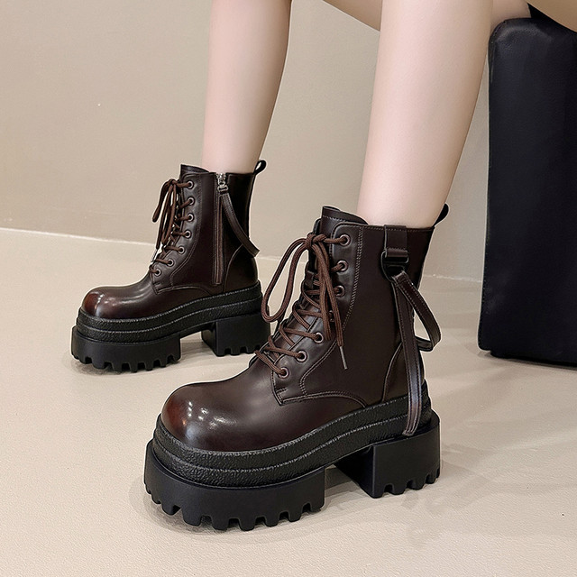 Martin boots for women's inner height increase of 10cm women's shoes 2025 autumn and winter new British style short boots thick-soled heeled black leather boots