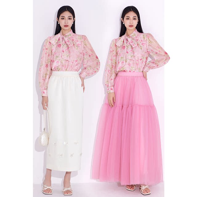 Meifei shirt shirt women's top print 2025 spring and summer new French style high-end bow streamer rose