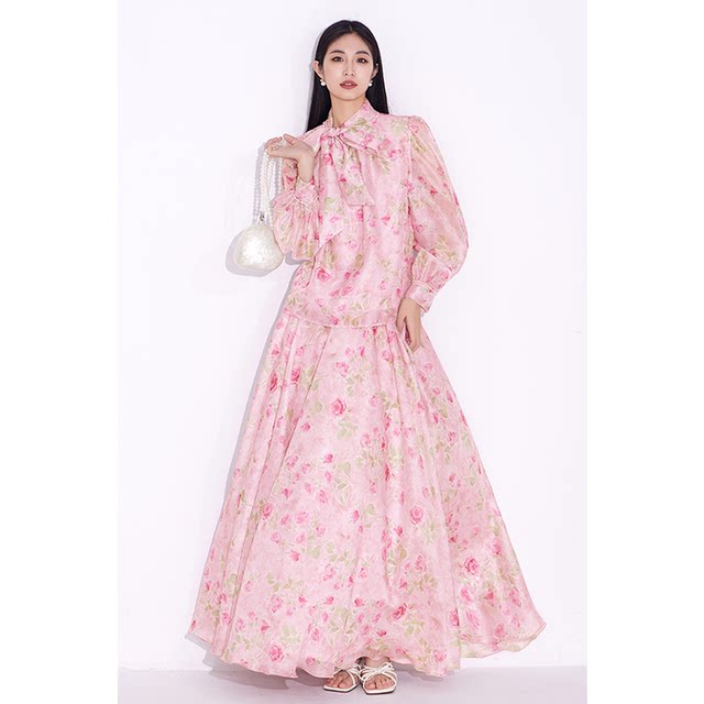 Meifei shirt shirt women's top print 2025 spring and summer new French style high-end bow streamer rose