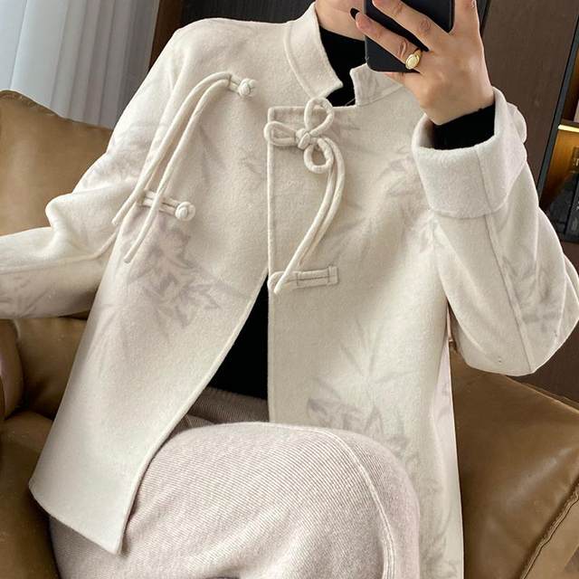 Chinese style printed temperament wool coat retro buckle double-sided short jacket age-reducing Australian wool top
