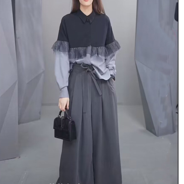 2025 Spring and Autumn New Women's Clothing SD Elastic waist Wide wide-leg chants versatile contrasting color splicing long-sleeved shirt set