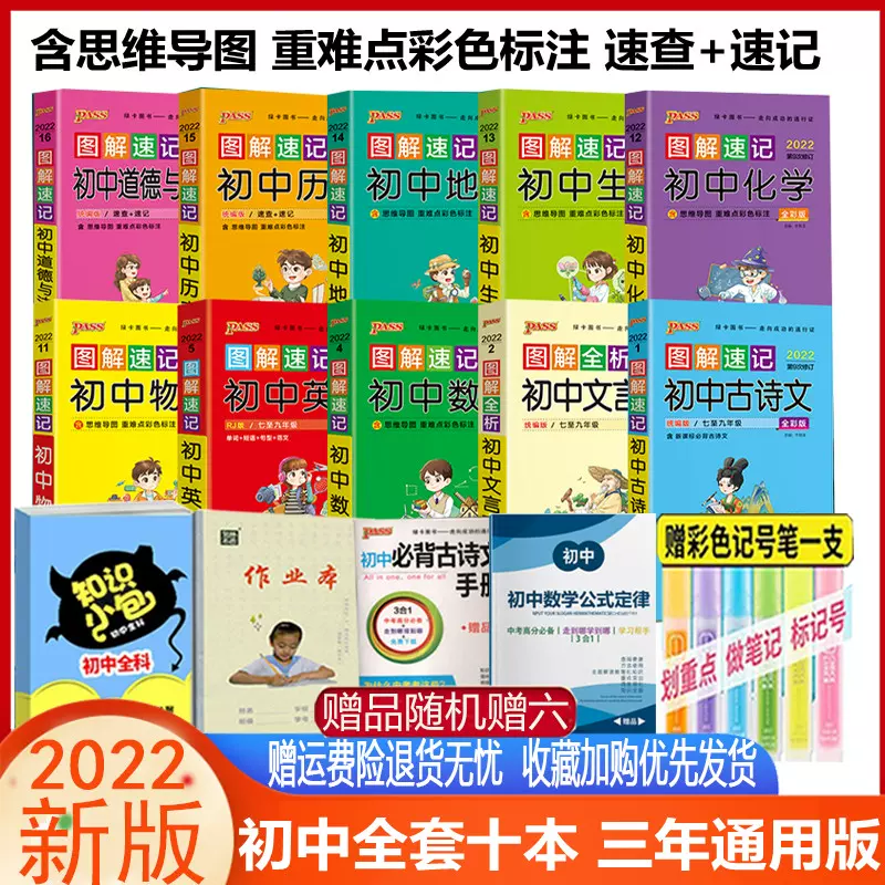 22版pass绿卡图解速记初中古诗文语文数学英语物理化学生物