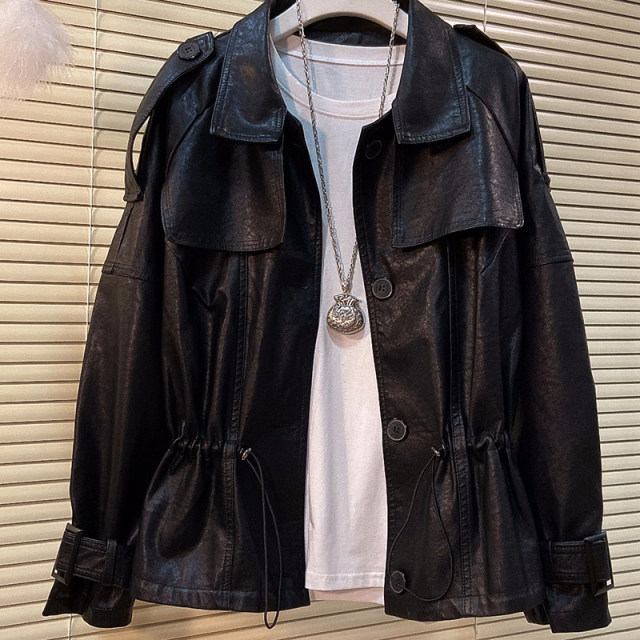 European stations, small fat sister solid color long-sleeved jacket, fashionable plus size women's PU leather cardigan versatile jacket