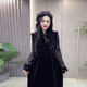 Large size women's long-sleeved lace base shirt fat girl black retro style slim standing collar button long vest skirt