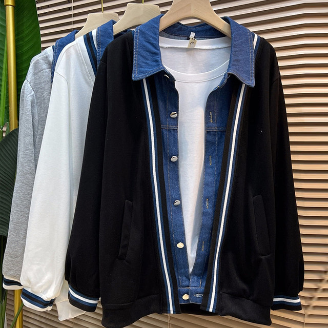 Plus size women's clothing European station spliced ​​denim lapel cardigan long-sleeved jacket fat girl casual versatile coat trendy