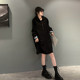 Large -size women's hooded color buttons, fat sister black, thin, middle length loose casual sweater skirt