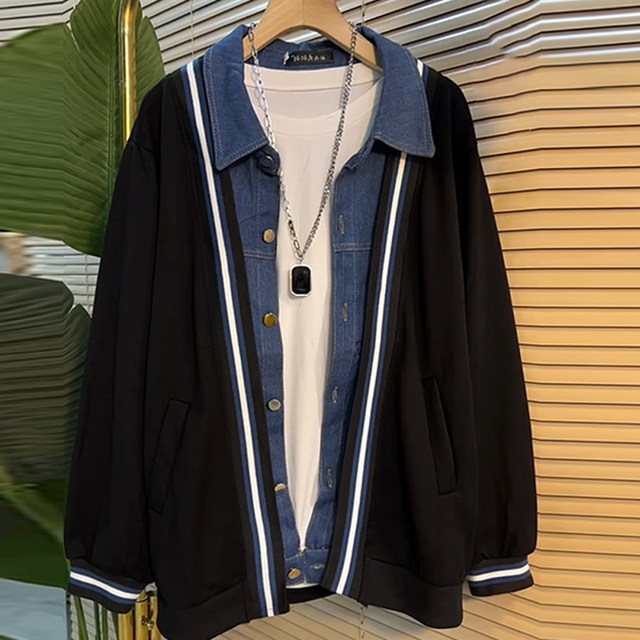 Plus size women's clothing European station spliced ​​denim lapel cardigan long-sleeved jacket fat girl casual versatile coat trendy