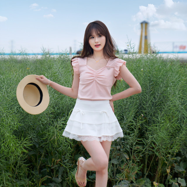 ATAR2025 Summer Women's Sweet Lace Spliced ​​Skirt High Waist Anti-Exposed Bow Cake Short Skirt
