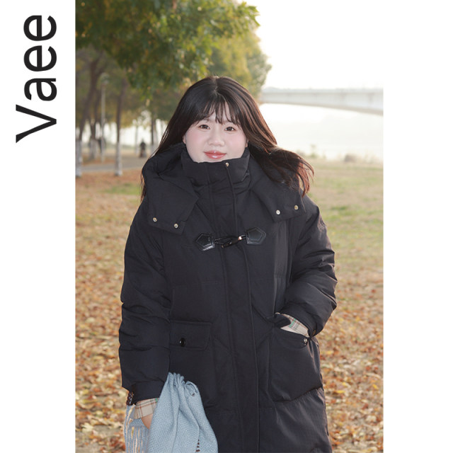 Vaee large size women's mid-length thickened down jacket for winter new fat mm windproof warm standing collar hooded jacket
