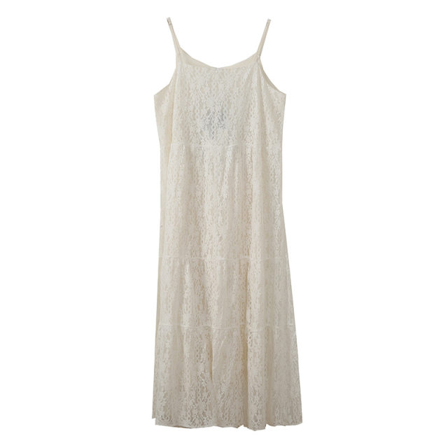 Vaee large size women's lace dress spring new fat mm vacation style lazy V-neck suspender skirt