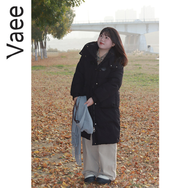 Vaee large size women's mid-length thickened down jacket for winter new fat mm windproof warm standing collar hooded jacket
