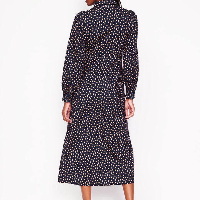 British style slim high waist lace decorative zipper placket puff sleeve printed A-line dress 2 colors
