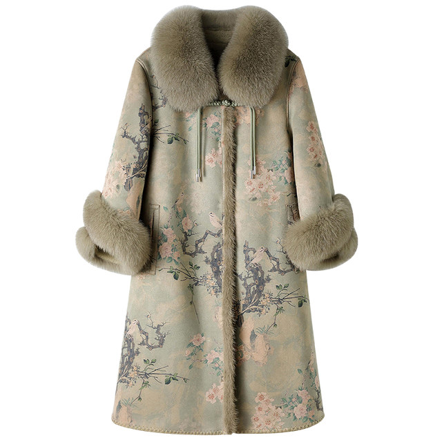 Noble Chinese style mother's winter fur all-in-one coat for women with fox fur collar for middle-aged and elderly sheep sheared fur coats