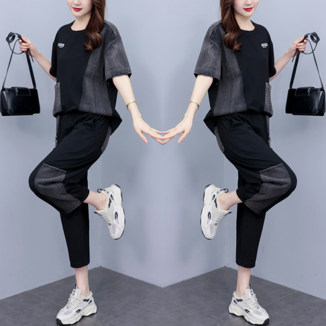 Large size fashion casual suit for women 2025 new summer fat MM loose spliced ​​denim short-sleeved pants two-piece set