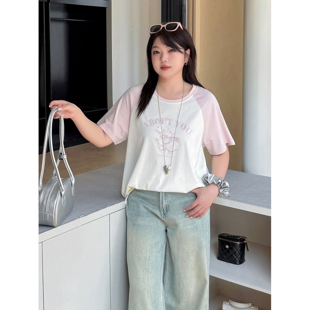 Large size women's dopamine round neck short-sleeved T-shirt 2025 summer new contrasting ragdoll sleeve tops make you look slim and fashionable