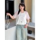 Large size women's dopamine round neck short-sleeved T-shirt 2025 summer new contrasting ragdoll sleeve tops make you look slim and fashionable