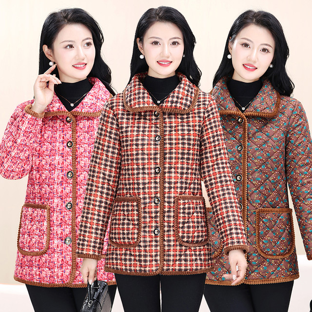 Middle-aged and elderly women's autumn and winter clothes plus velvet cotton jacket mother's printed warm shirt jacket fashionable short cotton jacket
